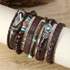 6pcs Exquisite Bohemian Chic Women's Bracelet Set Handcrafted Brown Faux Leather